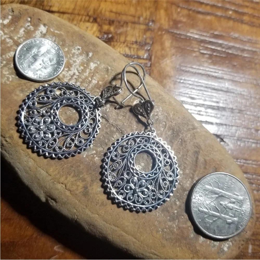 925 Sterling Large Round Filigree Earrings - Picture 3 of 6